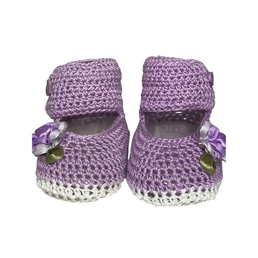 Handmade Crochet Baby Girl Booties Lavender Purple Flower Ribbon Mary Jane Shoes